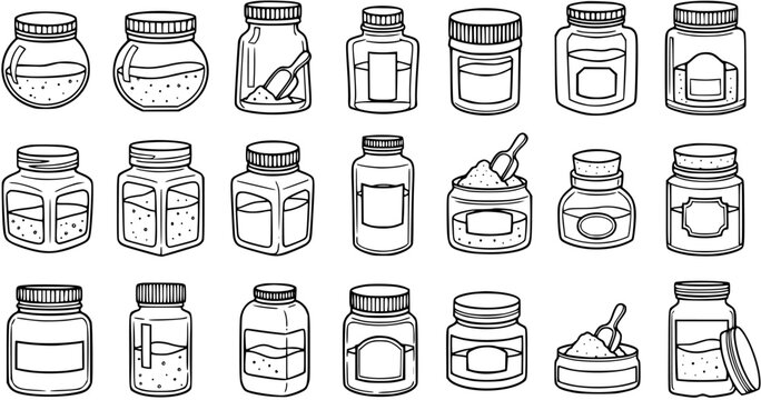 Black and White Line Art Jars and Bottles Collection. Hand-drawn Outline Set of Food, Spice, Medicine, and Supplement Containers. Vector Storage Icon Pack.