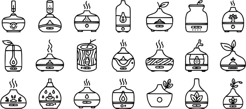 Aromatherapy Diffusers Line Art Icons Set. Collection of Essential Oil Humidifiers and Aroma Devices for Wellness, Spa, and Home Industry.