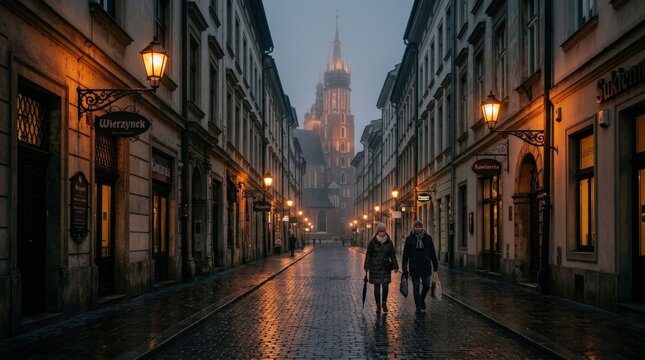 A misty autumn morning on Grodzka Street in Krak\'f3w's medieval old town, the damp cobblestones reflecting the amber glow of iron lanterns, the Gothic church tower rising through soft fog above the