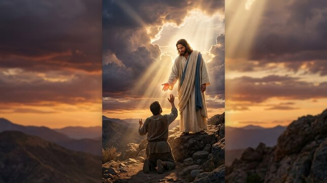 A divine and ethereal vision of Jesus Christ extending a radiant open hand toward a human figure below, warm celestial light streaming through a dramatic sunset sky, towering clouds parting to reveal