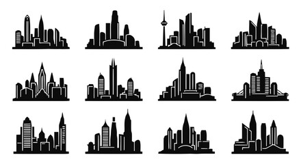Fototapeta premium Vector illustration&nbsp;of set of city skyline silhouettes with modern skyscrapers and buildings on a transparent background