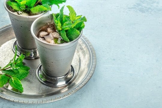 Mint Julep in the Kentucky Derby classic silver glass, with fresh mint leaves