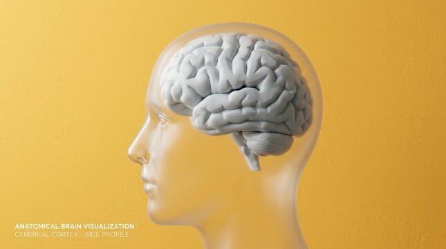 Translucent side-profile head outline against a warm yellow wall, interior cavity showing white anatomical brain form, clean medical-concept minimal composition, optimistic yellow background