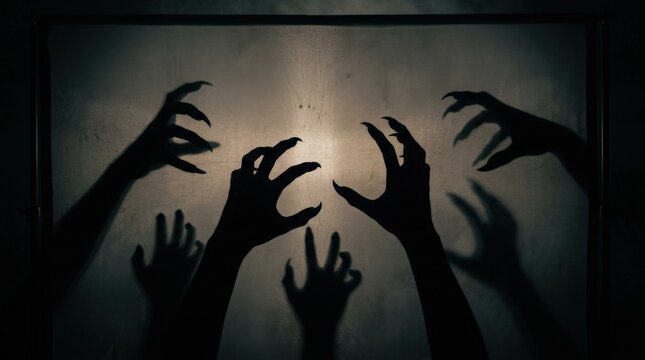 Halloween shadow overlay effect with terrifying claw-like hands silhouetted against a dark background, zombie fingers rising from the grave with elongated sharp nail shadows, creepy monster arm and