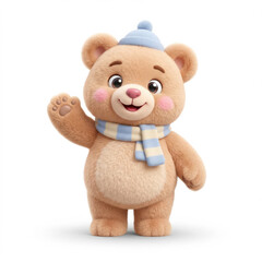 Fototapeta premium Charming 3d anthropomorphic bear mascot character wearing blue winter hat and scarf waving hand isolated on white background with soft plush fur rounded shapes for holiday greeting card