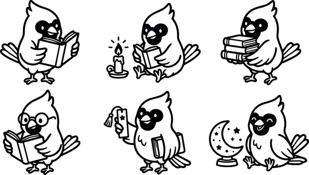 Black and white cardinal bird reading books holding candle and moon vector art set