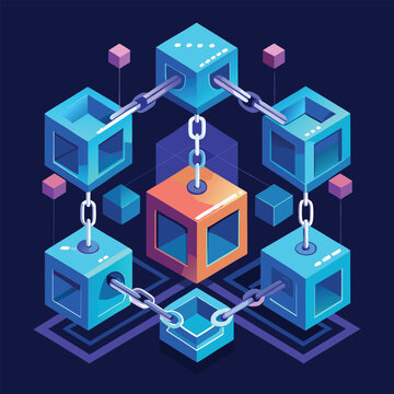 Interconnected isometric cubes represent blockchain technology and data networks