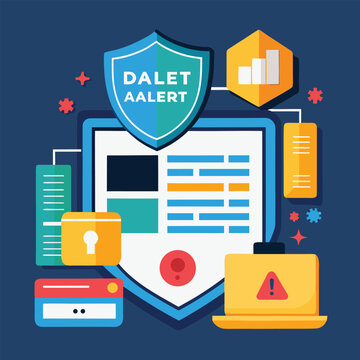 Dalet Aalert cybersecurity illustration featuring shields data and alert symbols