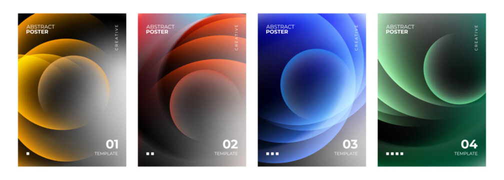 Set of futuristic abstract posters. Vibrant colored circles. Blurred spheres. Color gradient round shapes for creative graphic design. Vector illustration.