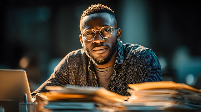 Man working late at night on tax return with laptop and stacks of IRS forms on desk.