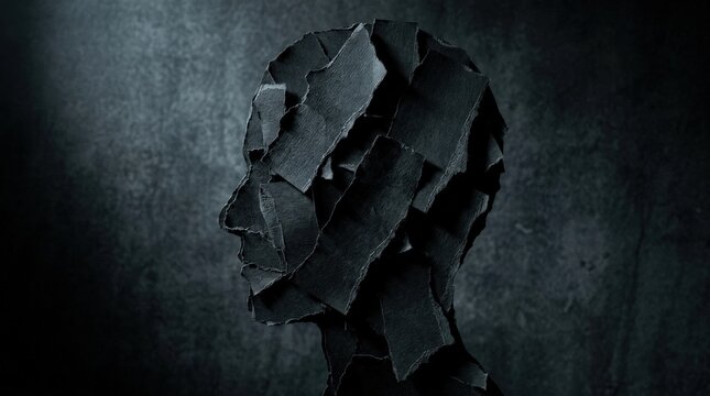 A solitary human head silhouette made entirely from torn black paper scraps against a dark textured background, jagged edges conveying inner despair and psychological fragility, concept of depression