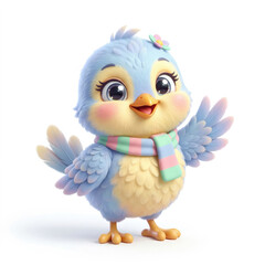 Fototapeta premium Charming 3d anthropomorphic bird mascot soft stylized feathers rounded shapes striped scarf waving hello large expressive eyes children illustration friendly character waving hello