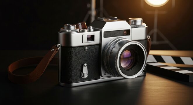 Classic camera with film slate and studio lighting