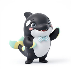Naklejka premium An adorable 3d anthropomorphic orca whale mascot with smooth skin texture and rounded shapes is wearing a bow tie and waving in a studio with a white background a marine life character