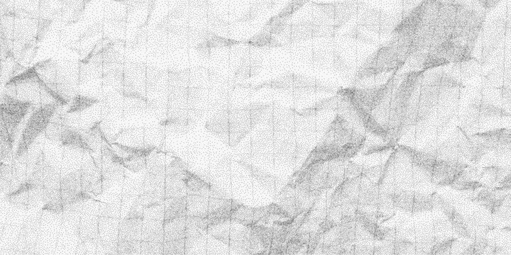 Noisy backdrop of crumpled grid paper, grit texture, dotted halftone noise, rough paper creases and grime, retro distressed look.
