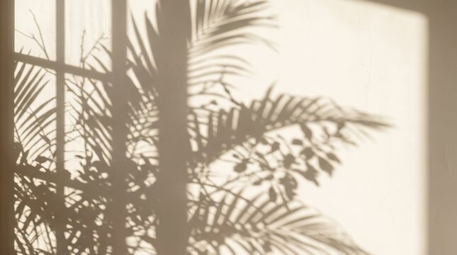Soft dappled shadow of window frame and tropical tree branches falling gently across a clean bright background, warm summer sunlight filtered through dense palm and coconut foliage creating intricate