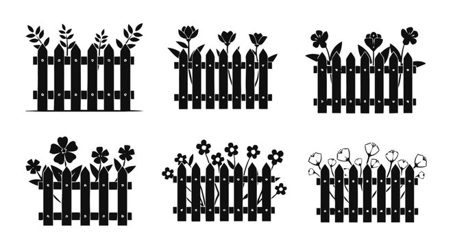 Vector illustration&nbsp;of set of garden fences with various flowers and plants on a transparent background