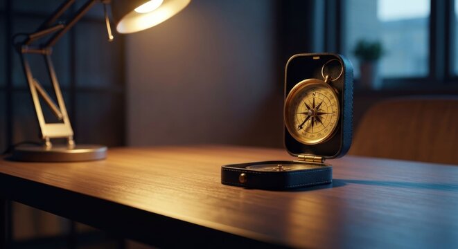Desk with lamp and compass points to direction