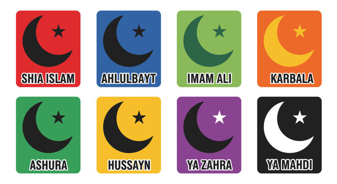 Collection of distinct islamic crescent moon and star emblems in vibrant contrasting colors, representing shia islam, ahlulbayt, imam ali, karbala, ashura, hussain, ya zahra, and