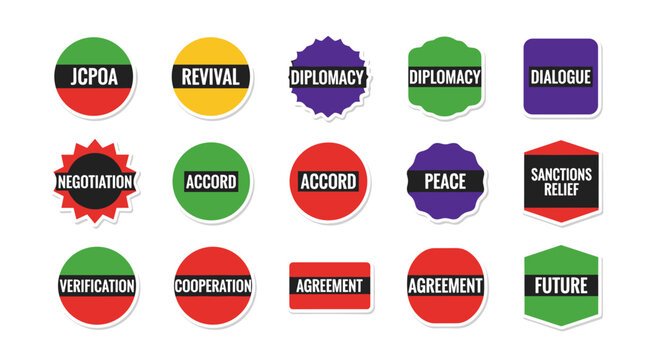 Collection of conceptual round, starburst, and hexagonal graphic badges featuring terms like jcpoa, revival, diplomacy, dialogue, negotiation, accord, peace, sanctions relief,