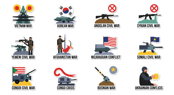 Collection of stylized vector icons depicting various global conflicts including vietnam war, korean war, angolan civil war, syrian civil war, yemeni civil war, afghanistan war,