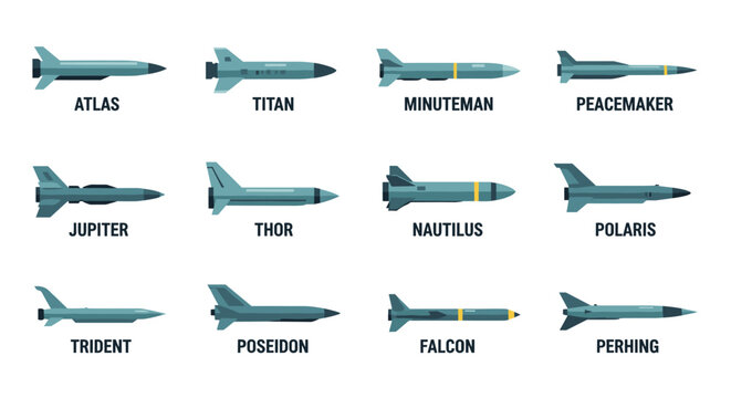 Collection of various missile types, including atlas, titan, minuteman, peacemaker, jupiter, thor, nautilus, polaris, trident, poseidon, falcon, and perhing, depicted with clean