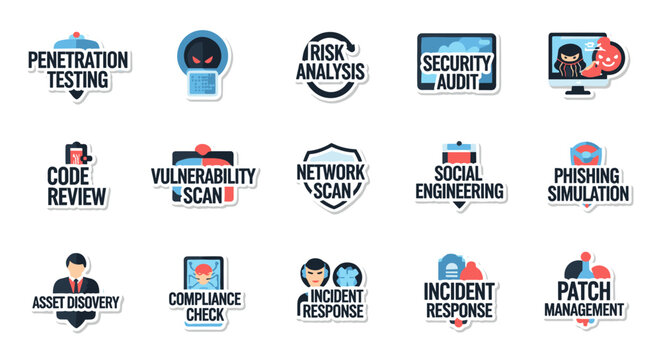 Cybersecurity icons collection featuring penetration testing, risk analysis, security audit, social engineering, phishing simulation, code review, vulnerability scan, network