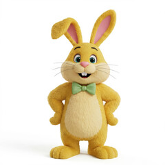 Obraz premium Anthropomorphic yellow bunny mascot soft plush fur green bow tie hands on hips studio white background Easter celebration concept festive character design for spring holidays