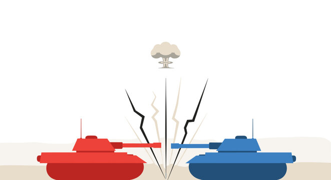 Two opposing armored vehicles, a red tank and a blue tank, face each other across a fractured landscape with a mushroom cloud symbolizing conflict and potential destruction,