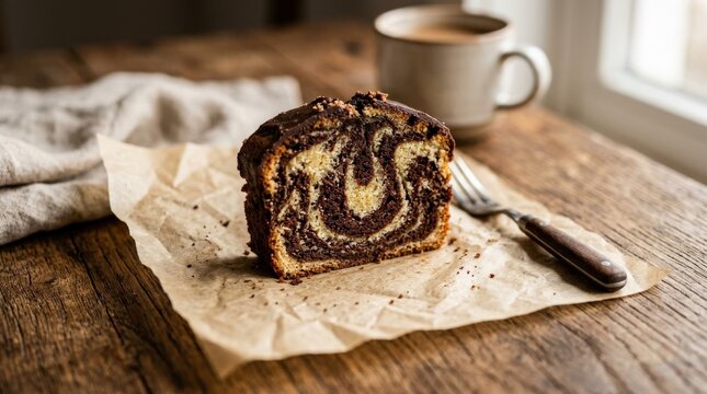 A slice of marble cake with chocolate swirl on parchment paper and wooden background, warm lighting and rich texture, shot on Canon EOS R6, 85mm lens, f/2.8, 8K\