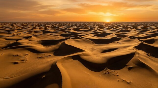 A sweeping and minimalist aerial landscape photograph of undulating golden desert sand dunes stretching to the horizon beneath a dramatic warm amber and deep saffron sunset sky, the dunes' sinuous