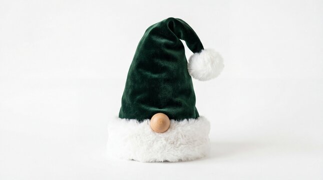 A small decorative christmas gnome figure featuring a dark green velvet hat and fluffy white beard
