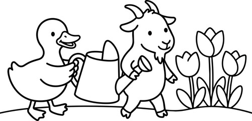 Fototapeta premium Cute duck and goat watering flowers black and white line art vector