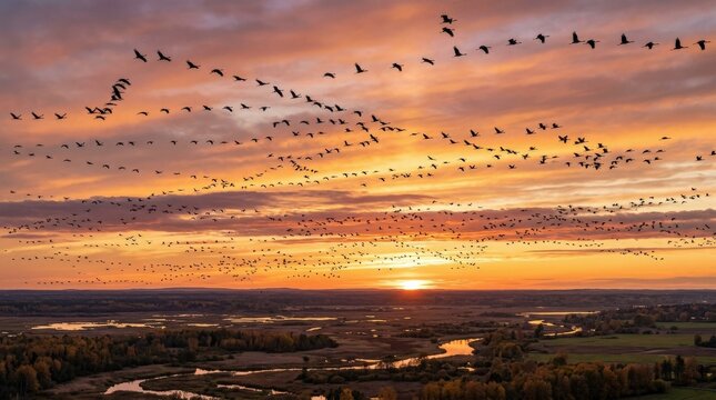 An immense autumn migration of common cranes flying in formation across a luminous golden sunset sky, their grey forms arranged in sweeping V-shaped skeins silhouetted against bands of amber, rose,
