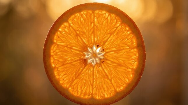 A translucent orange slice in macro with backlighting, vibrant citrus texture and soft glow, shot on Sony A7IV, 100mm macro lens, f/4, 8K\