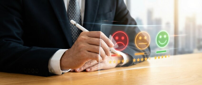 Assessing customer feedback business evaluation in a modern office environment with visual ratings and reviews