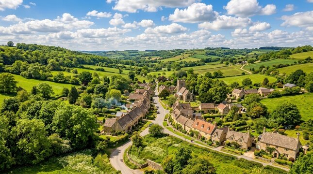 A picturesque sun-drenched residential village nestles gently among rolling emerald hills, rows of charming houses with warm-toned rooftops surrounded by mature deciduous trees in full leaf, a