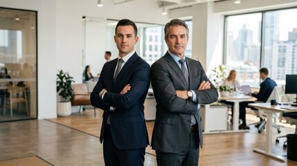 Fototapeta premium Two polished male business leaders photographed back-to-back with arms crossed in a bright, modern corporate office, both in tailored suits, one young and one middle-aged, radiating complementary