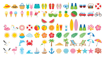 Extensive vector icon set for summer vacation and beach themes. includes essentials like swimwear, accessories, food, drinks, and various seaside activities and marine life. © Akter