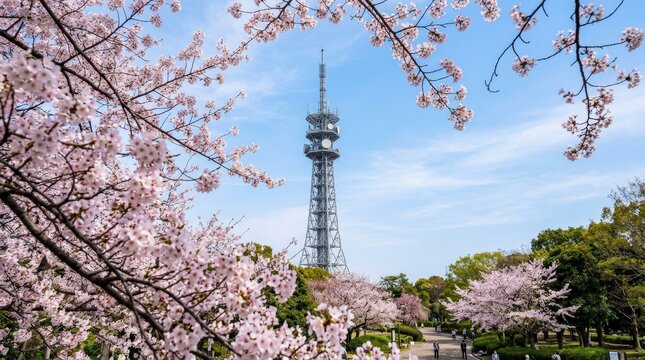 A slender broadcasting tower standing tall and proud against a wide open clear sky, gracefully framed by foreground branches heavy with delicate pink cherry blossoms in springtime bloom, the visual