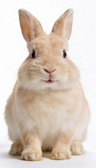 Obraz premium Charming real easter bunny with soft fur expressive eyes sitting centered on pure white background close up front view delightful natural holiday greeting spring celebration festive event