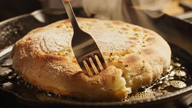 A fork pierces through a warm flatbread placed on a sizzling kitchen surface, creating a dramatic close-up of home cooking in action.