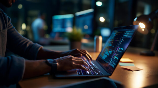 Close up of hands typing on a laptop keyboard at night with the screen casting cool blue light on the fingers the display showing a code debugging session with breakpoint markers