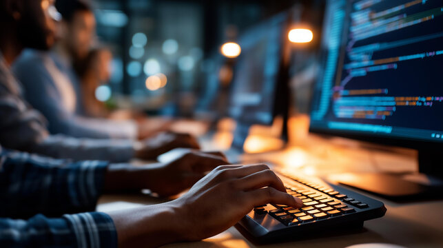 Close up of hands at multiple workstations visible in a row each screen illuminated with different code editors and terminal windows the nearest screen in sharp focus showing