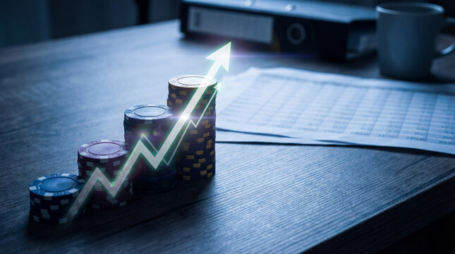 Stacks of casino chips with glowing upward arrow on office desk. Financial risk and investment growth concept. Stock market speculation and profit increase