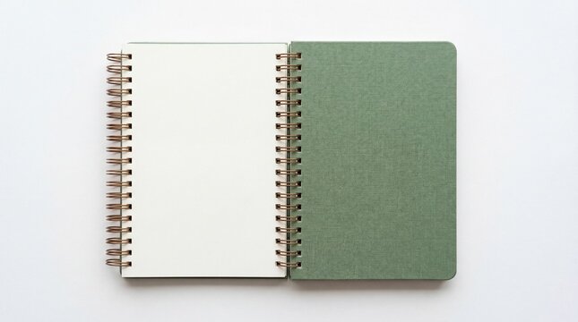 A small spiral bound notebook with a textured green cover featuring a blank white page for notes
