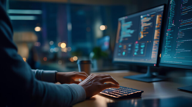 Close up of hands at a dual monitor workstation at night both screens showing code with syntax highlighting in orange and blue tones against a dark theme one screen displaying