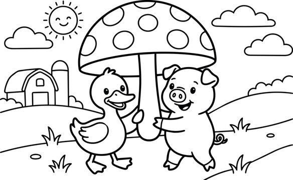 Black and white line art duck and pig holding mushroom on farm landscape