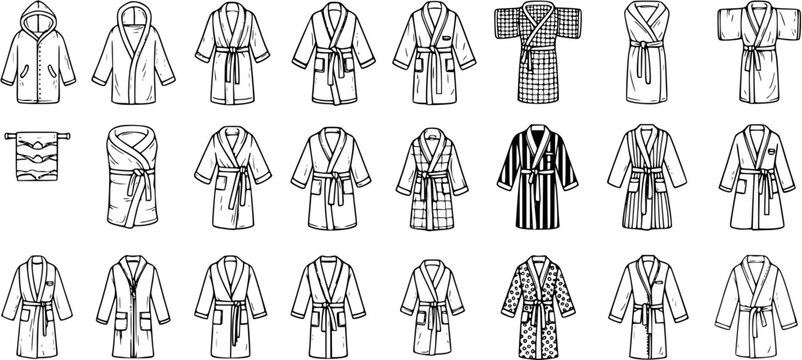 Homewear and Apparel Collection: Hand-Drawn Black  White Line Art Set with Diverse Bathrobes and a Towel, Outline Vector Illustrations for Textile and Lifestyle Design