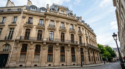 Obraz premium A majestic elegant European style building stands on a quiet street corner in a city with trees and a lamppost under a cloudy sky